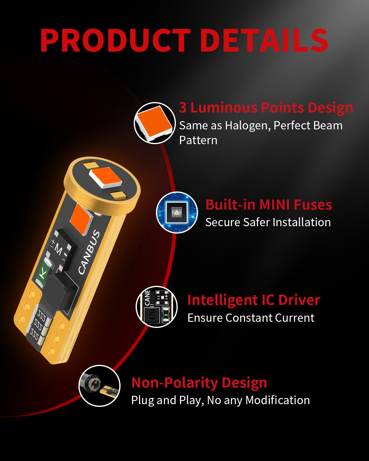 168 194 2825 T10 CANBUS Error Free LED Side Marker Lights Dome Map Bulbs | Amber, 2 Bulbs - Image 5