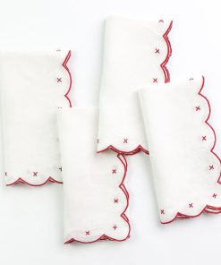 Scalloped Knot Red Embroidered Linen Napkin | Set of 4