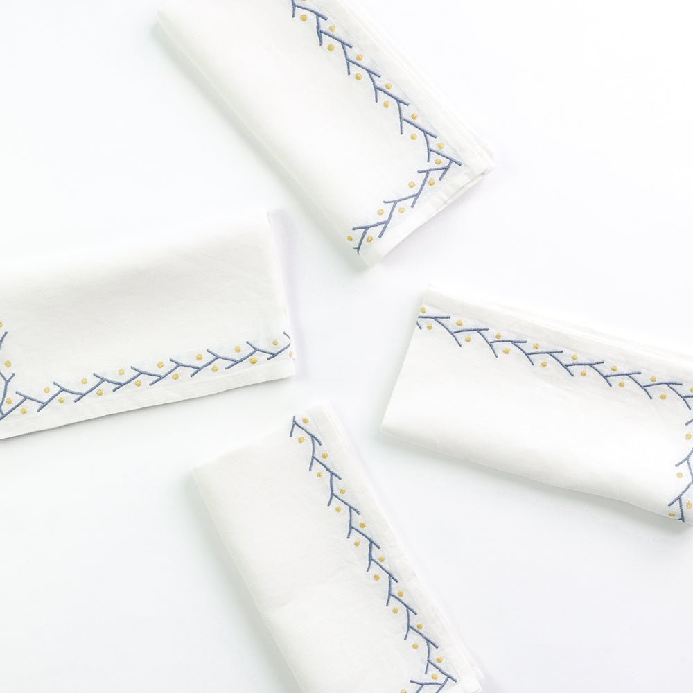 Twig & Dot Navy & Yellow Embroidered Linen Napkin | Set of 4 - Image 2
