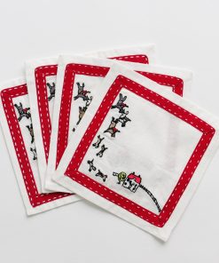 Embroidered Hunt Scene Red Ribbon Cocktail Napkin | Set of 4