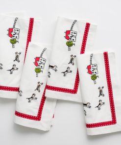 Embroidered Hunt Scene Red Ribbon Napkin | Set of 4