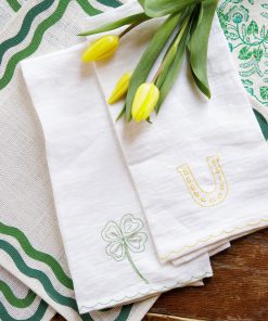 Lucky Horseshoe & Clover Embroidered Linen Tea Towels