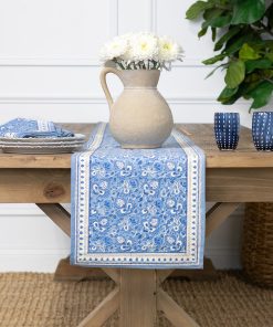 Pom Fan Flower Blue & White Table Runner