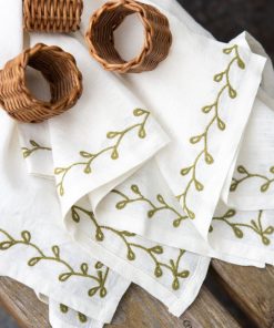 Twig & Bud Moss Embroidered Linen Napkin | Set of 4