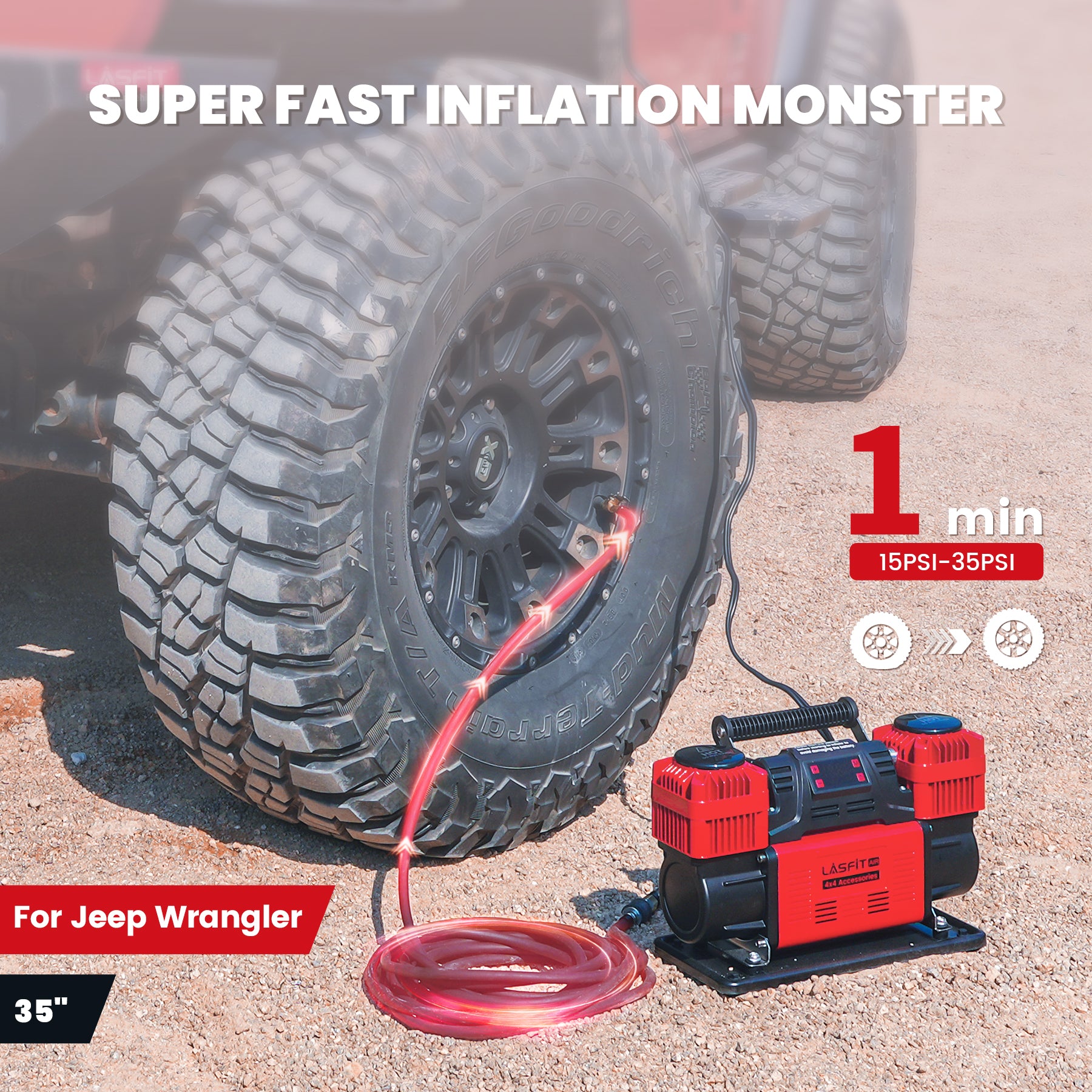 LASFIT X4 Off-Road Air Compressor, Dual-Cylinder 12V Tire Inflator with Auto-Stop for 4x4 Vehicles, Trucks, and RVs - Image 4