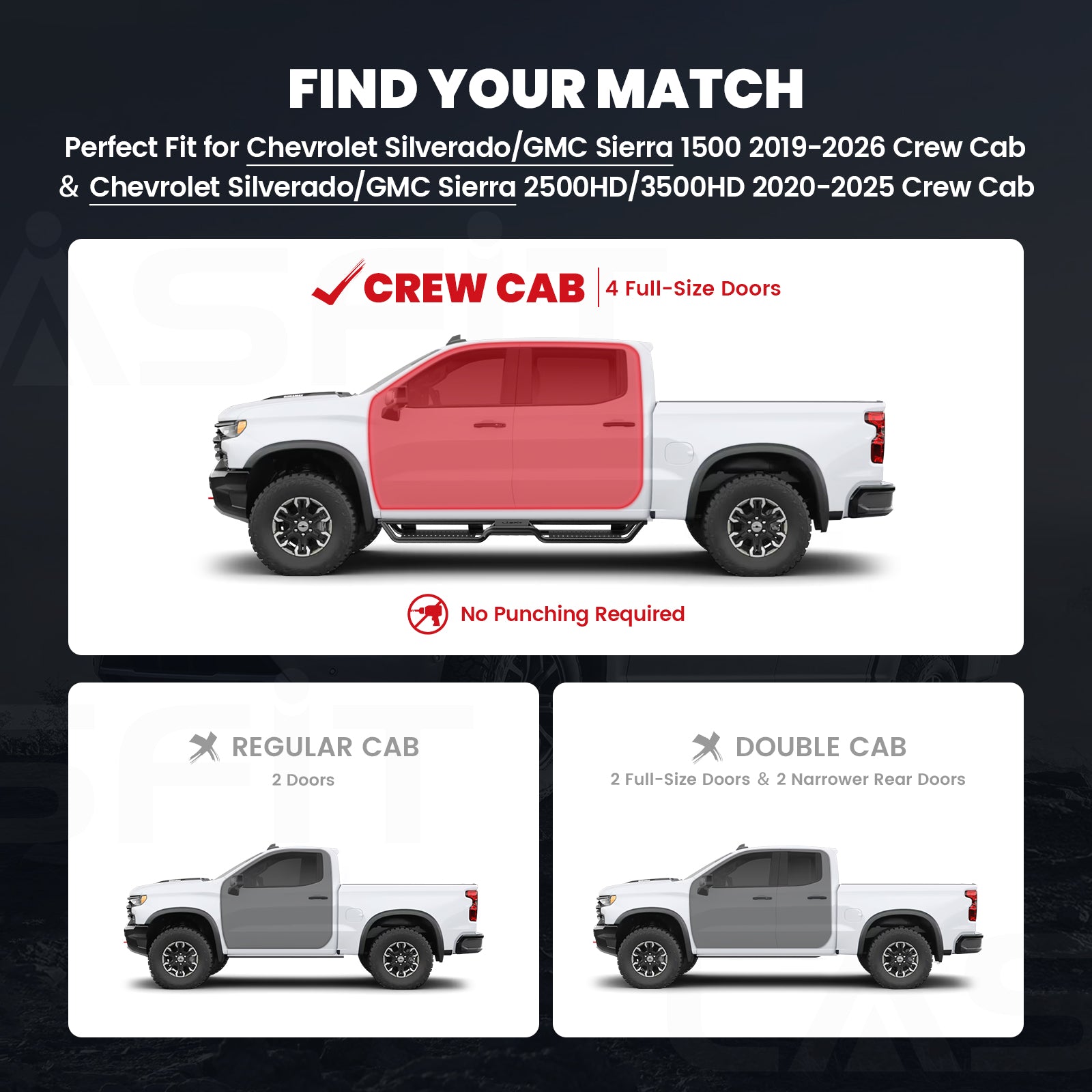 Fit for 2019-2026 Chevrolet Silverado 1500 Running Boards Side Steps, Fit Crew Cab ONLY - Image 2